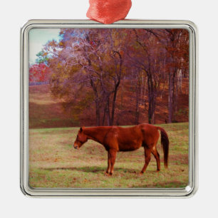 Brown horse in a grass field metal tree decoration