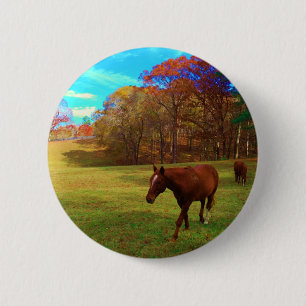 Brown Horse in a Rainbow colored field 6 Cm Round Badge
