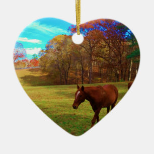Brown Horse in a Rainbow coloured field Ceramic Tree Decoration