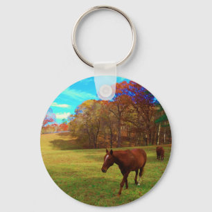 Brown Horse in a Rainbow coloured field Key Ring