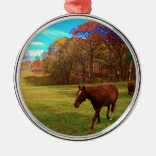 Brown Horse in a Rainbow coloured field Metal Tree Decoration