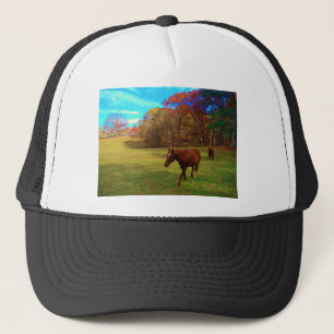 Brown Horse in a Rainbow coloured field Trucker Hat