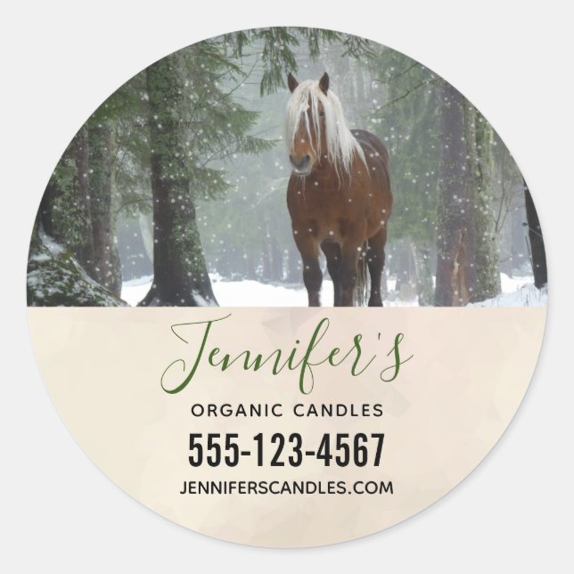 Brown Horse in a Winter Forest Business Classic Round Sticker (Front)