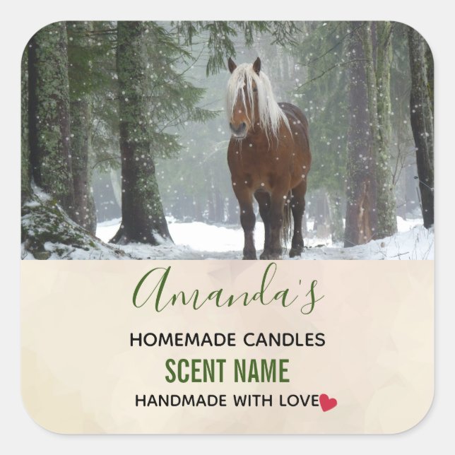 Brown Horse in a Winter Forest Photo Candle Square Sticker (Front)