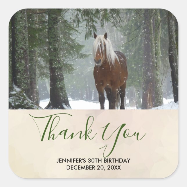 Brown Horse in a Winter Forest Thank You Square Sticker (Front)