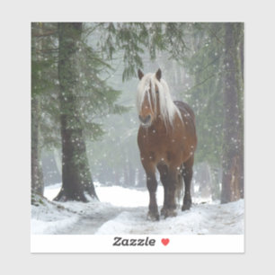 Brown Horse in a Winter Forest with Snow Falling