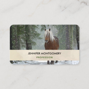 Brown Horse in a Winter Forest with Snow Falling Business Card