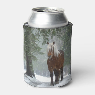 Brown Horse in a Winter Forest with Snow Falling Can Cooler