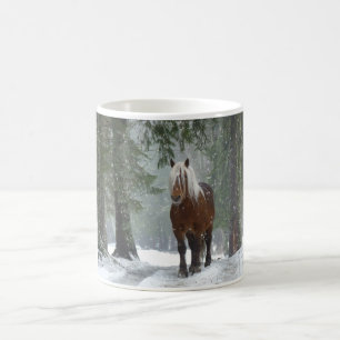 Brown Horse in a Winter Forest with Snow Falling Coffee Mug