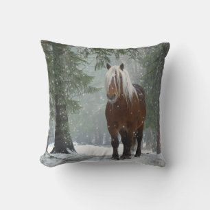 Brown Horse in a Winter Forest with Snow Falling Cushion