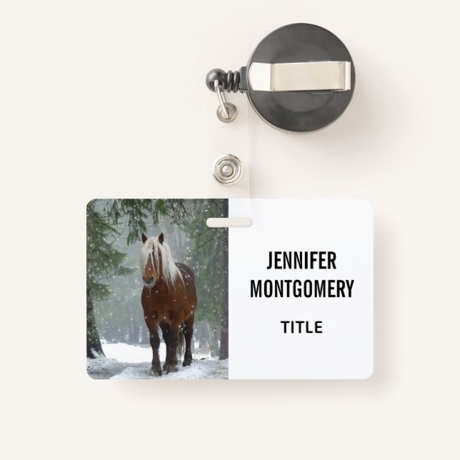 Brown Horse in a Winter Forest with Snow Falling ID Badge (Back with Retractable)