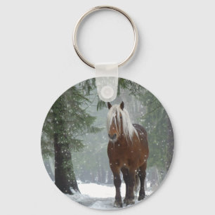 Brown Horse in a Winter Forest with Snow Falling Key Ring