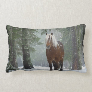 Brown Horse in a Winter Forest with Snow Falling Lumbar Cushion