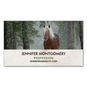 Brown Horse in a Winter Forest with Snow Falling Magnetic Business Card
