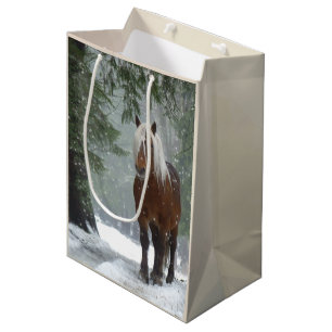Brown Horse in a Winter Forest with Snow Falling Medium Gift Bag