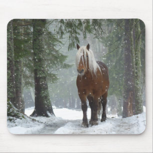 Brown Horse in a Winter Forest with Snow Falling Mouse Mat