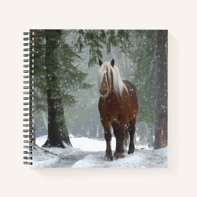 Brown Horse in a Winter Forest with Snow Falling Notebook (Front)