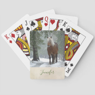 Brown Horse in a Winter Forest with Snow Falling Playing Cards