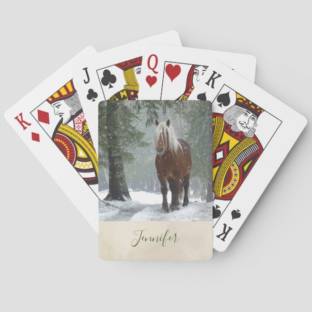 Brown Horse in a Winter Forest with Snow Falling Playing Cards (Back)