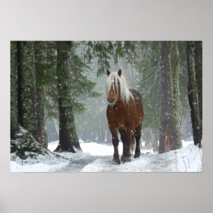 Brown Horse in a Winter Forest with Snow Falling Poster