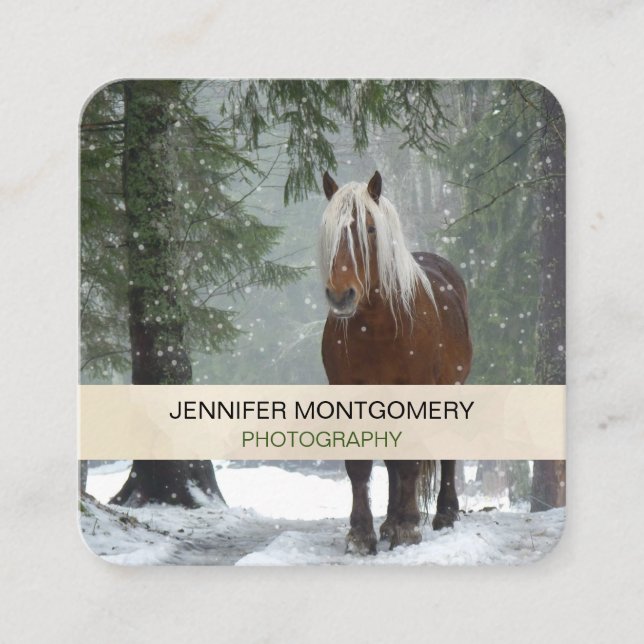 Brown Horse in a Winter Forest with Snow Falling Square Business Card (Front)