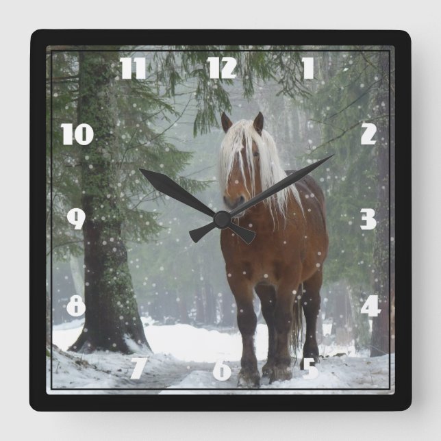 Brown Horse in a Winter Forest with Snow Falling Square Wall Clock (Front)