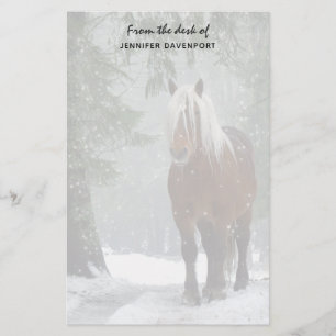 Brown Horse in a Winter Forest with Snow Falling Stationery