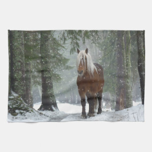 Brown Horse in a Winter Forest with Snow Falling Tea Towel