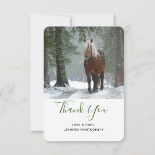 Brown Horse in a Winter Forest with Snow Falling Thank You Card