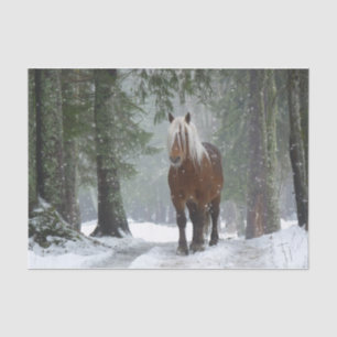 Brown Horse in a Winter Forest with Snow Falling Tissue Paper