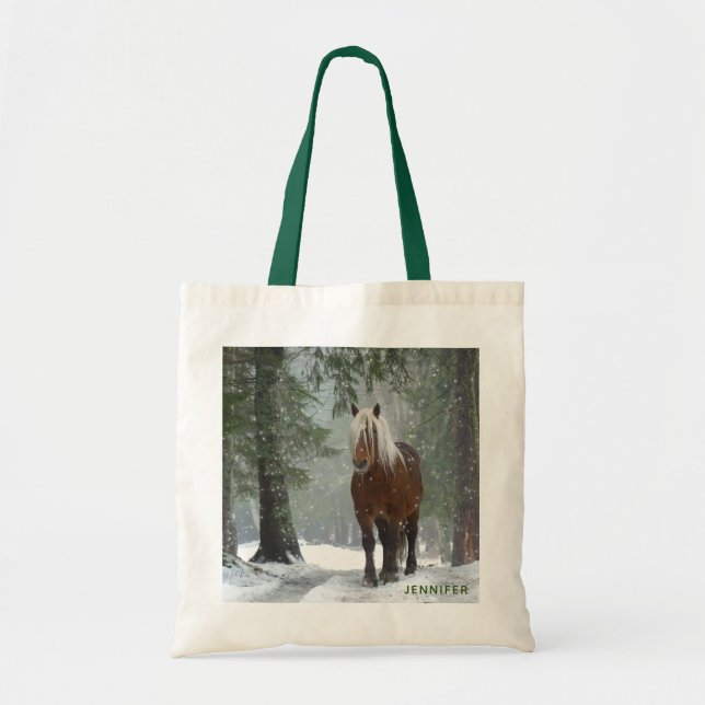 Brown Horse in a Winter Forest with Snow Falling Tote Bag (Front)