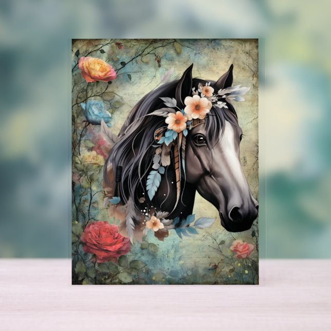  Brown horse in flowers. Acrylic Sign (Neutral)