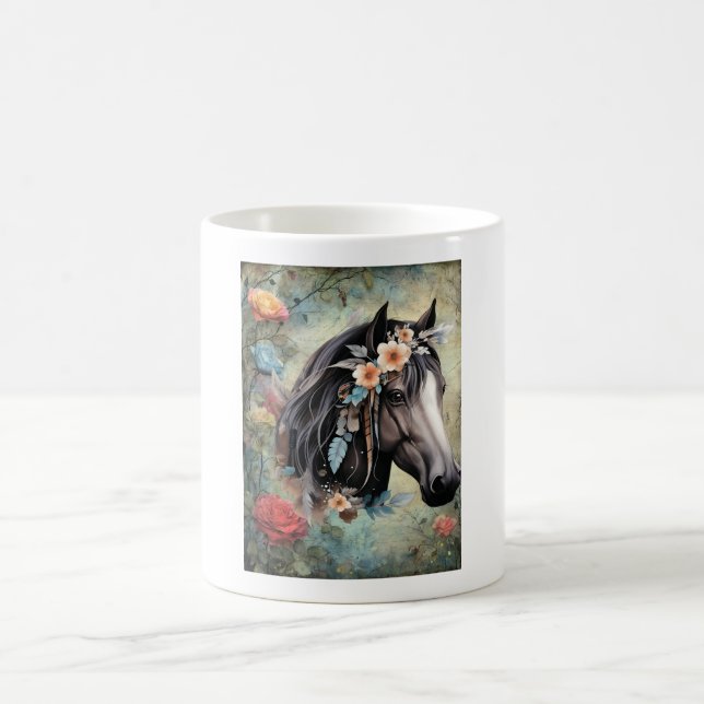  Brown horse in flowers. Coffee Mug (Center)