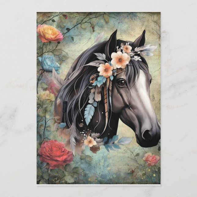 Brown horse in flowers. Menu (Front)