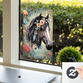  Brown horse in flowers. Window Cling