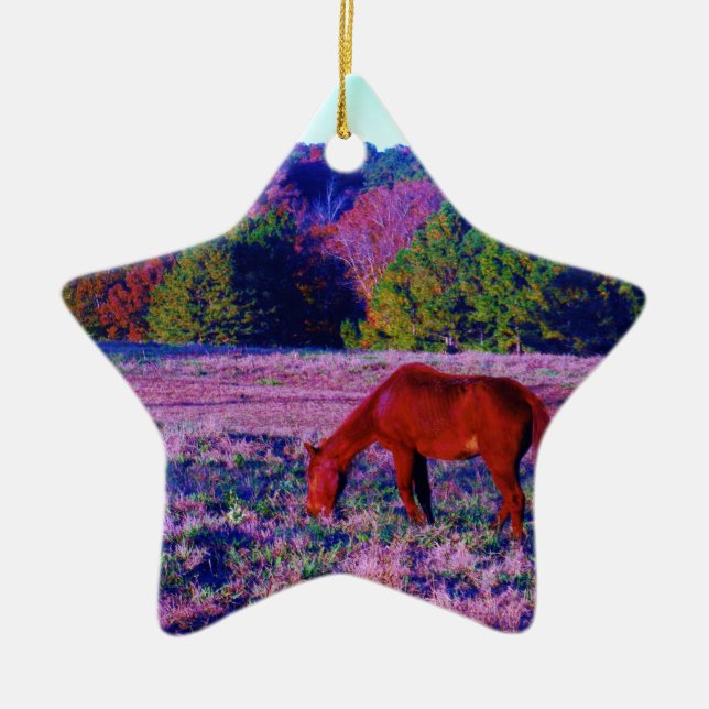 Brown horse in Purple Grass Ceramic Tree Decoration (Front)