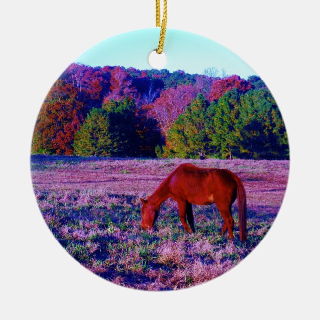Brown horse in Purple Grass Ceramic Tree Decoration (Front)