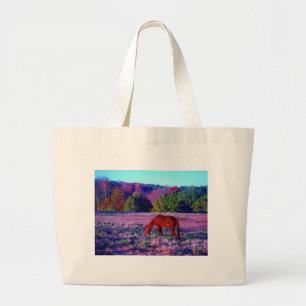 Brown horse in Purple Grass Large Tote Bag