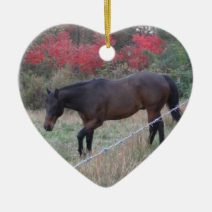 Brown horse in the red autumn trees ceramic tree decoration