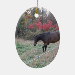 Brown horse in the red autumn trees ceramic tree decoration