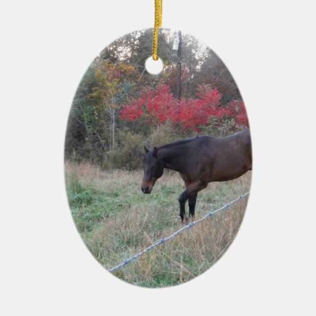 Brown horse in the red autumn trees ceramic tree decoration (Front)