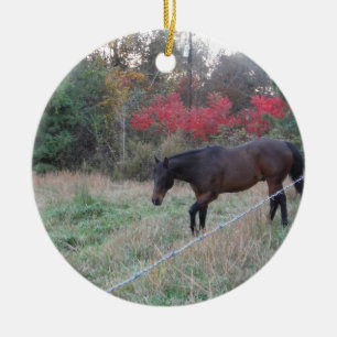 Brown horse in the red autumn trees ceramic tree decoration