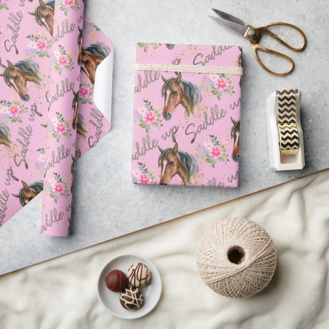 Brown Horse Pink Birthday Girl Cowgirl  Wrapping Paper (Crafts)