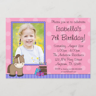 Brown Horse Pink Polka Dots Photo Birthday Party Invitation