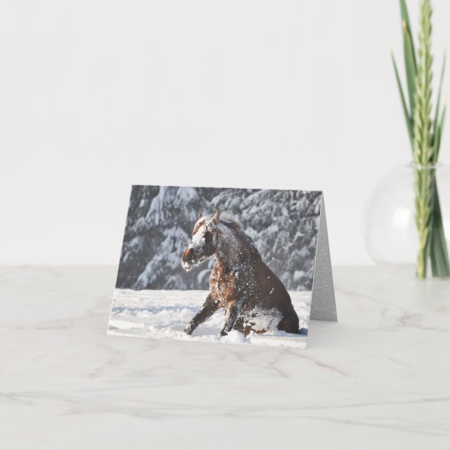 Brown Horse Rolling in Snow Holiday Card (Front)