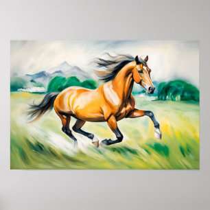 Brown Horse Running Across a Meadow Poster