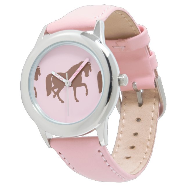 Brown horse silhouette on pink watch (Angled)