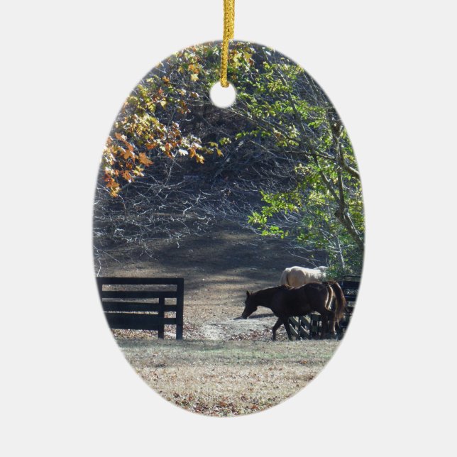 Brown Horse walking through Fence Ceramic Tree Decoration (Front)