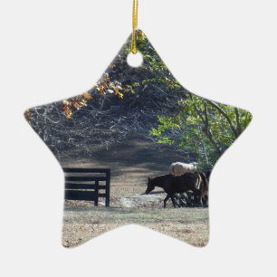 Brown Horse walking through Fence Ceramic Tree Decoration