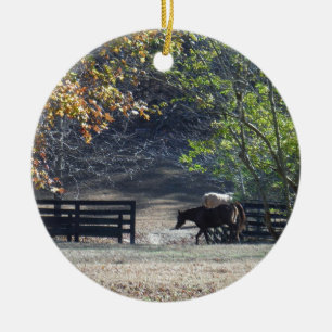 Brown Horse walking through Fence Ceramic Tree Decoration